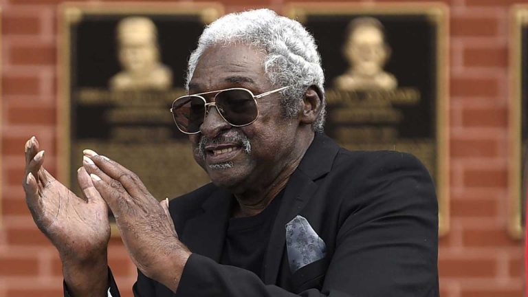 Philadelphia Phillies player Dick Allen reacts after a ceremony unveiling his retired number prior to a baseball game between the Phillies and the Washington Nationals. (Derik Hamilton/AP)