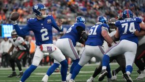 New York Giants quarterback Drew Lock (2) passes against the Tampa Bay Buccaneers during the second half of an NFL football game Sunday, Nov. 24, 2024, in East Rutherford, N.J. (Seth Wenig/AP)