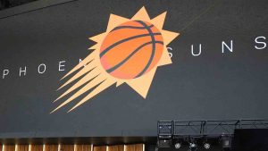 The Phoenix Suns logo is seen on June 6, 2023, in Phoenix. (Ross D. Franklin/AP)