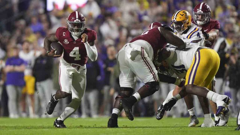 Alabama quarterback Jalen Milroe (4) carries on a long touchdown carry in the first half an NCAA college football game against LSU in Baton Rouge, La., Saturday, Nov. 9, 2024. (Gerald Herbert/AP)