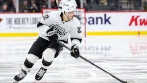 Los Angeles Kings left wing Kevin Fiala (22) skates with the puck during the second period of an NHL hockey game against the Minnesota Wild Friday, Nov. 5, 2024, in St. Paul, Minn. (Matt Krohn/AP)