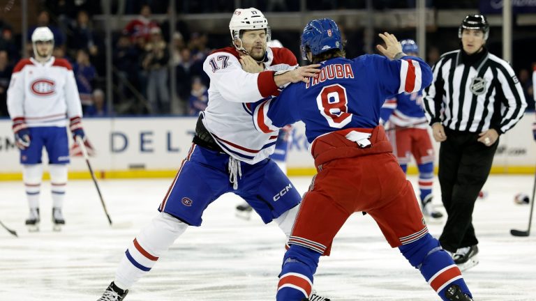 New York Rangers defenceman Jacob Trouba (8) fights Montreal Canadiens right wing Josh Anderson (17) in the first period of an NHL hockey game Saturday, Nov. 30, 2024, in New York. (Adam Hunger/AP Photo)