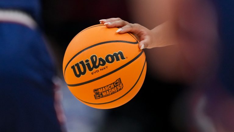 The NCAA tournament logo is seen on the game ball as Duke guard Taina Mair dribbles the ball during a first-round college basketball game in the women's NCAA Tournament against Richmond, Friday, March 22, 2024, in Columbus, Ohio. (Aaron Doster/AP)