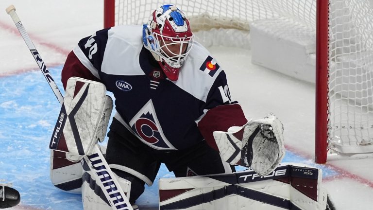 Colorado Avalanche goaltender Alexandar Georgiev (40) in the first period of an NHL hockey game Monday, Nov. 11, 2024, in Denver. (David Zalubowski/AP)