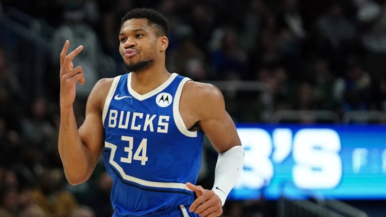 Milwaukee Bucks' Giannis Antetokounmpo gestures during the first half of an NBA basketball game against the Washington Wizards Saturday, Nov. 30, 2024, in Milwaukee. (Aaron Gash/AP)