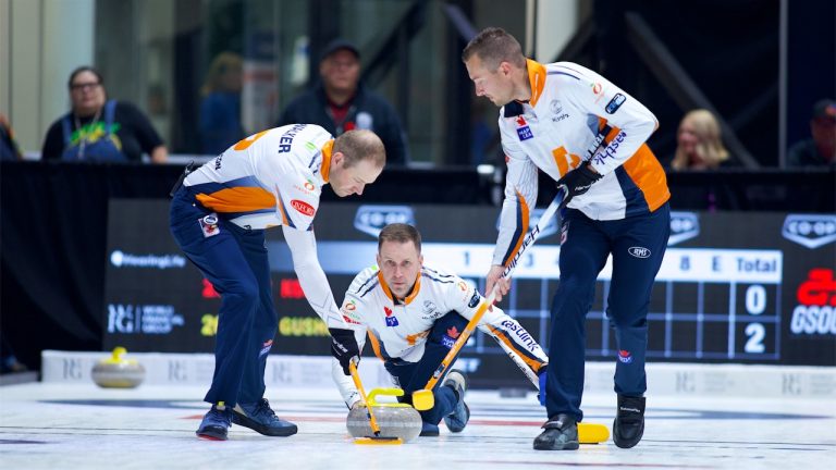 Geoff Walker (left), Brad Gushue (centre) and Brendan Bottcher (right) in action at the Co-op Canadian Open on Wednesday, Nov. 6, 2024, in Nisku, Alta. (Anil Mungal/GSOC)