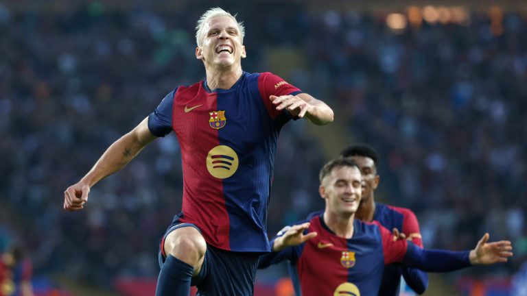 Barcelona's Dani Olmo celebrates after scoring his side's third goal during a Spanish La Liga soccer match between Barcelona and Espanyol at the Lluis Companys Olympic Stadium in Barcelona, Spain, Sunday, Nov. 3, 2024. (Joan Monfort/AP)