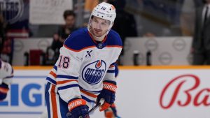 Edmonton Oilers left wing Zach Hyman (18) warms up for the team's NHL hockey game against the Nashville Predators. (George Walker IV/AP)