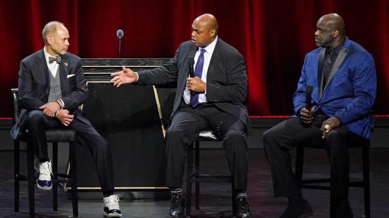 Broadcasters Ernest Johnson Jr., Charles Barkley, and Shaquille O'Neal talk about "Inside the NBA" as they are honored at the 2020 Basketball Hall of Fame awards tip-off celebration and awards gala, Friday, May 14, 2021, in Uncasville, Conn. (Kathy Willens/AP)