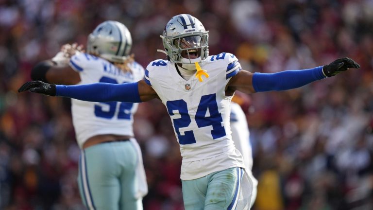 Dallas Cowboys safety Israel Mukuamu (24) celebrates after a missed field goal attempt by Washington Commanders place kicker Austin Seibert (3) during the first half of an NFL football game, Sunday, Nov. 24, 2024, in Landover, Md. (Stephanie Scarbrough/AP)