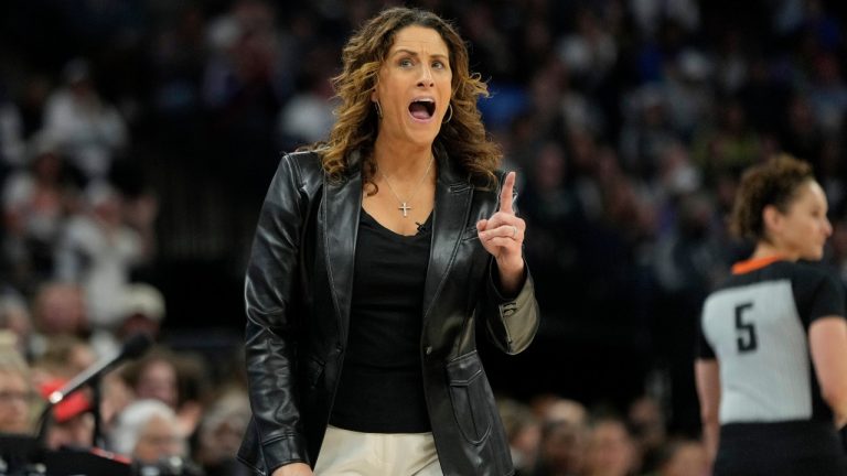 Former Connecticut Sun head coach Stephanie White reacts after a foul called on the Sun during the first half of Game 5 of a WNBA basketball semifinals against the Minnesota Lynx, Tuesday, Oct. 8, 2024, in Minneapolis. (Abbie Parr/AP)