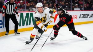 Vegas Golden Knights centre Jack Eichel (9) skates the puck past Ottawa Senators right wing Drake Batherson (19) during third period NHL hockey action in Ottawa on Thursday, Nov. 21, 2024. (Sean Kilpatrick/CP)