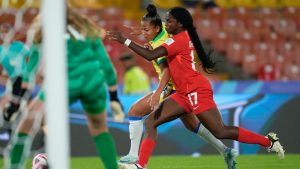 Canada's Janet Okeke, right, and Brazil's Milena battle for the ball during a U-20 Women's World Cup soccer match in Bogota, Colombia, Friday, Sept. 6, 2024. (Fernando Vergara/AP)