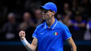 Italy's Jannik Sinner reacts after winning a point as he plays Netherlands' Tallon Griekspoor during the Davis Cup final tennis match between Netherlands and Italy at the Martin Carpena Sports Hall in Malaga, southern Spain, Sunday, Nov. 24, 2024. (Manu Fernandez/AP)