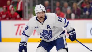 Toronto Maple Leafs center Calle Jarnkrok (19) plays against the Detroit Red Wings in the first period of an preseason NHL hockey game Thursday, Oct. 3, 2024, in Detroit. (Paul Sancya/AP)