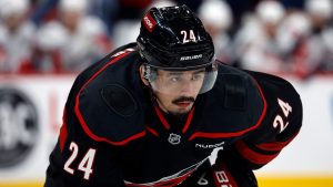 Carolina Hurricanes' Seth Jarvis (24) watches the puck against the Washington Capitals during the first period of an NHL hockey game in Raleigh, N.C., Sunday, Nov. 3, 2024. (Karl B DeBlaker/AP)