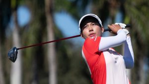 Jeeno Thitikul tees off on the ninth hole during the final round of the LPGA CME Group Tour Championship golf tournament Sunday, Nov. 24, 2024, in Naples, Fla. (Chris Tilley/AP)