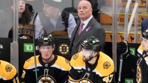 Boston Bruins head coach Jim Montgomery during an NHL hockey game, Tuesday, Oct. 29, 2024, in Boston. (Charles Krupa/AP)