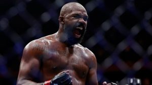 Jon Jones reacts after defeating Stipe Miocic in a UFC 309 mixed martial arts heavyweight title bout, early on Sunday, Nov. 17, 2024, in New York. (Adam Hunger/AP)