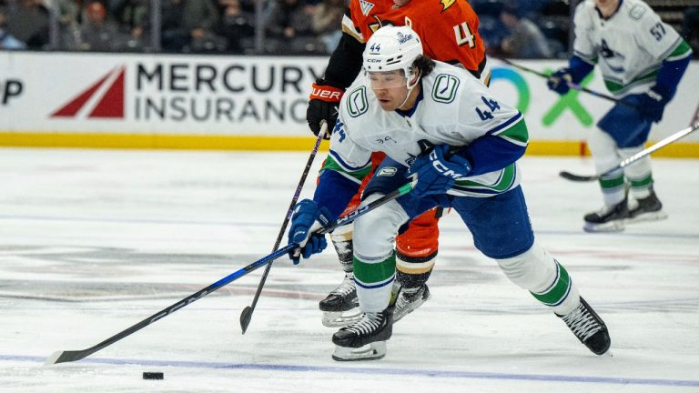 Vancouver Canucks left wing Kiefer Sherwood (44) controls the puck past Anaheim Ducks defenceman Cam Fowler (4) during the second period of an NHL hockey game in Anaheim, Calif., Tuesday, Nov. 5, 2024. (Alex Gallardo/AP)