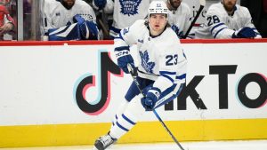 Toronto Maple Leafs left wing Matthew Knies (23) in action during the first period of an NHL hockey game against the Washington Capitals, Wednesday, Nov. 13, 2024, in Washington. (Nick Wass/AP)