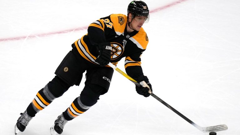 Boston Bruins defenceman Hampus Lindholm (27) during an NHL pre-season hockey game, Tuesday, Oct. 1, 2024, in Boston. (Charles Krupa/AP)