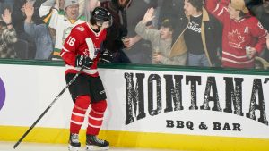 CHL prospect Lynden Lakovic celebrates his goal against the USA prospects during the first period of the CHL-USA Prospects Challenge game in London, Ont. on Tuesday, November 26, 2024. (Geoff Robins/CP)