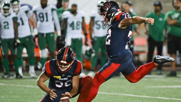 Montreal Alouettes' Jose Maltos (72) kicks a field goal during second half CFL football action against the Saskatchewan Roughriders in Montreal, Thursday, July 25, 2024. The Alouettes have signed Maltos to a two-year contract through the 2026 CFL season, the team announced Thursday. (Graham Hughes/CP)