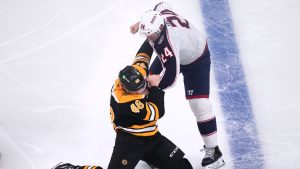 Boston Bruins left wing Jeffrey Viel (48) is dropped to the ice while fighting Columbus Blue Jackets right wing Mathieu Olivier (24) during the first period of an NHL hockey game, Monday, Nov. 18, 2024, in Boston. (Charles Krupa/AP)