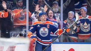 Edmonton Oilers' Connor McDavid (97) celebrates his 1000th point, against the Nashville Predators during second period NHL action in Edmonton on Thursday, November 14, 2024. (CP/Jason Franson)