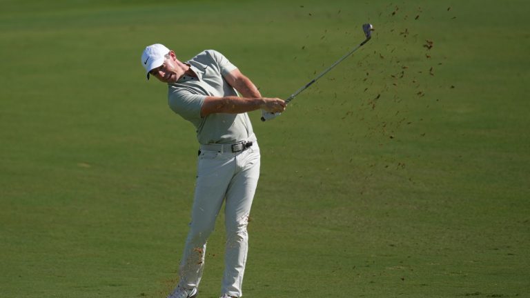 Rory McIlroy of Northern Ireland plays his second shot on the 1st hole during the second round of World Tour Golf Championship in Dubai, United Arab Emirates, Saturday, Nov. 16, 2024. (Altaf Qadri/AP)