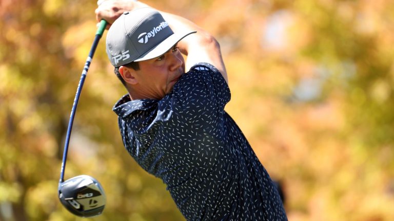 Michael Thorbjornsen tees off on the first hole during the final round at the Procore Championship golf tournament, Sunday, Sept. 15, 2024, in Napa, Calif. (Scott Strazzante/San Francisco Chronicle via AP)