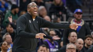 Sacramento Kings head coach Mike Brown shouts instructions from the bench during the second half of an NBA basketball game against the Atlanta Hawks in Sacramento, Calif., Monday, Nov. 18, 2024. (Randall Benton/AP)