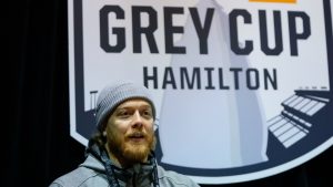 Winnipeg Blue Bombers fullback Mike Miller speaks during media day ahead of the 108th CFL Grey Cup against the Hamilton Tiger-Cats in Hamilton, Ont., on Thursday, December 9, 2021. (Nathan Denette/CP)