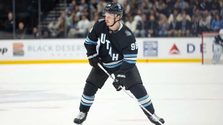 Utah Hockey Club defenceman Mikhail Sergachev scores against the San Jose Sharks during the second period of an NHL hockey game, Monday Oct 28, 2024, in Salt Lake City. (Melissa Majchrzak/AP)