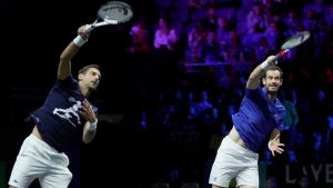 Britain's Andy Murray, right, and Serbia's Novak Djokovic attend a training session ahead of the Laver Cup tennis tournament. (Kin Cheung/AP)