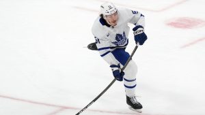 Toronto Maple Leafs' Philippe Myers plays against the Boston Bruins during the second period of an NHL hockey game, Saturday, Oct. 26, 2024, in Boston. (Michael Dwyer/AP)