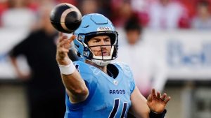 Toronto Argonauts quarterback Nick Arbuckle (4) passes against the Calgary Stampeders during first half CFL football action in Toronto. (Frank Gunn/THE CANADIAN PRESS)