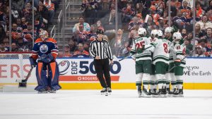 Minnesota Wild players celebrate a goal as Edmonton Oilers goalie Stuart Skinner (74) looks on during second period NHL action in Edmonton on Thursday, November 21, 2024. (Jason Franson/CP)