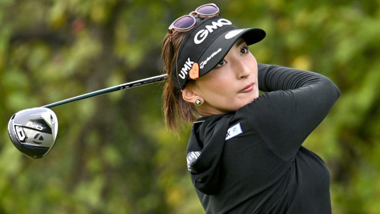 Hana Wakimoto of Japan plays a shot during the first round of the LPGA's Toto Classic at Seta Golf Course in Shiga, central Japan Thursday, Oct. 31, 2024.(Kyodo News via AP)