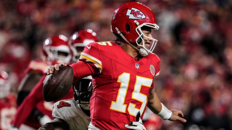 Tampa Bay Buccaneers defensive tackle Calijah Kancey (94) sacks Kansas City Chiefs quarterback Patrick Mahomes (15) during the second half of an NFL football game, Monday, Nov. 4, 2024, in Kansas City, Mo. (Ed Zurga/AP)