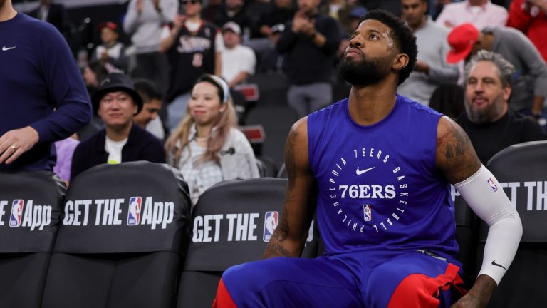 Philadelphia 76ers forward Paul George waits to be introduced during the first half of an NBA basketball game against the Los Angeles Clippers, Wednesday, Nov. 6, 2024, in Inglewood, Calif. (Ryan Sun/AP)