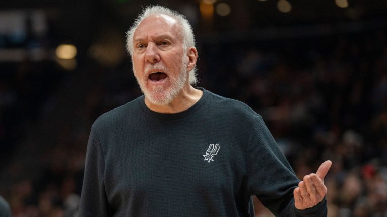 San Antonio Spurs head coach Gregg Popovich reacts after a call by the official, during the second half of an NBA basketball game, Thursday, Oct. 31, 2024, in Salt Lake City. (Rick Egan/AP Photo)