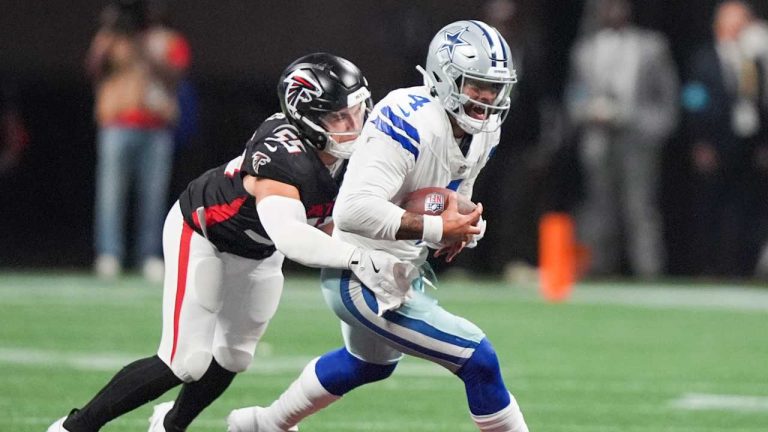 Atlanta Falcons linebacker Kaden Elliss (55) tackles Dallas Cowboys quarterback Dak Prescott (4) during the second half of an NFL football game. (Brynn Anderson/AP)