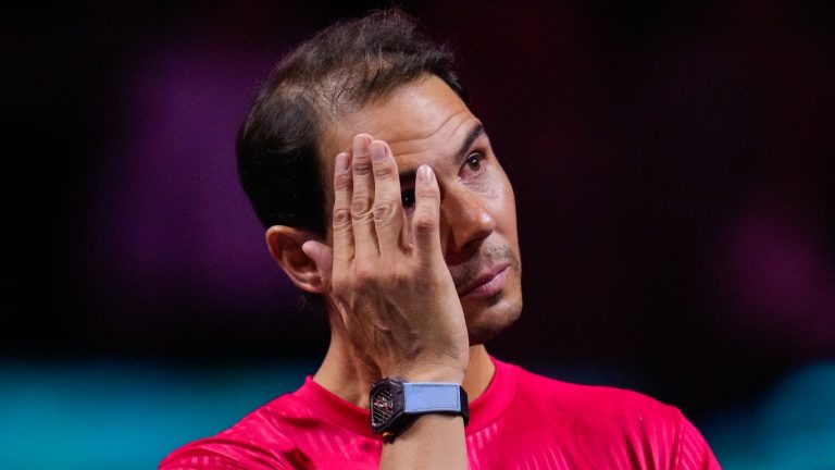 Spain's Rafael Nadal during a tribute after playing his last match as a professional tennis player in the Davis Cup quarterfinals at the Martin Carpena Sports Hall in Malaga, southern Spain, on early Wednesday, Nov. 20, 2024. (Manu Fernandez/AP)