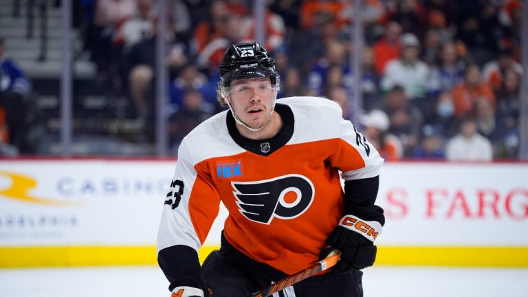 Ronnie Attard plays during an NHL hockey game, Thursday, March 14, 2024, in Philadelphia. (Matt Slocum/AP)