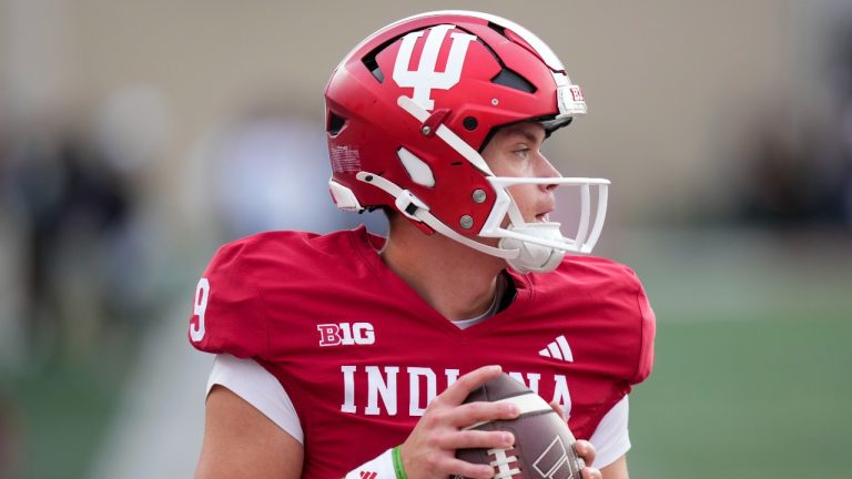 Indiana quarterback Kurtis Rourke warms up before playing Michigan in an NCAA college football game in Bloomington, Ind., Saturday, Nov. 9, 2024. (AJ Mast/AP Photo)