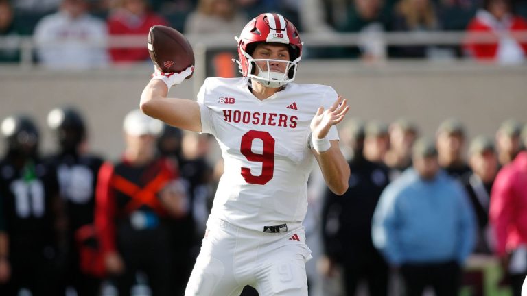 Indiana quarterback Kurtis Rourke throws during a game, Saturday, Nov. 2, 2024, in East Lansing, Mich. (Al Goldis/AP)