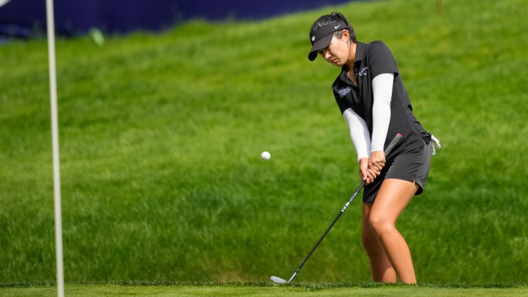 Savannah Grewal, of Canada, hits from the top of a bunker on the 18th hole during the second round of the Women's PGA Championship golf tournament at Sahalee Country Club, in Sammamish, Wash., Friday, June 21, 2024. (Lindsey Wasson/AP)