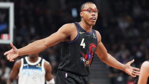 Toronto Raptors' Scottie Barnes (4) protests to a referee after receiving a technical foul during first half NBA basketball action against the Minnesota Timberwolves in Toronto on Thursday, November 21, 2024. (Frank Gunn/CP)